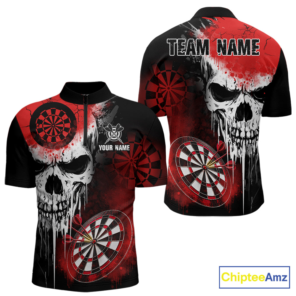 Personalized Red Grunge Skull Darts Shirt For Men Custom Darts Jersey Team Polo & Quarter Zip TDM6430