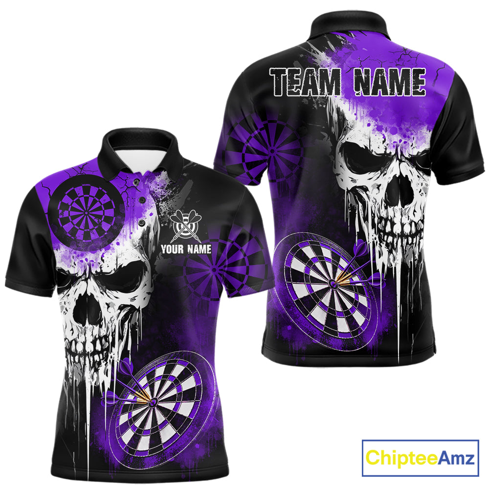 Personalized Purple Grunge Skull Darts Shirt For Men Custom Darts Jersey Team Polo & 1/4 Zip TDM6431
