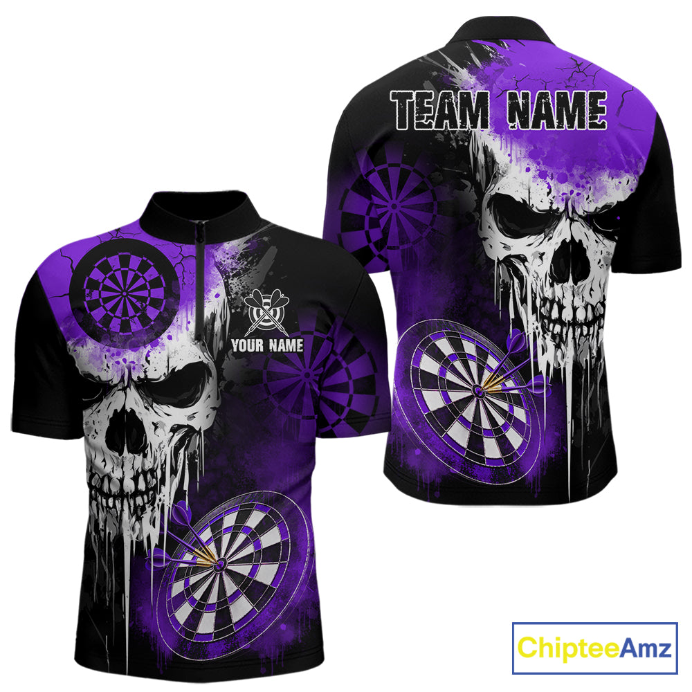 Personalized Purple Grunge Skull Darts Shirt For Men Custom Darts Jersey Team Polo & 1/4 Zip TDM6431