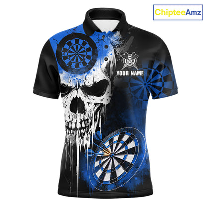 Personalized Blue Grunge Skull Darts Shirt For Men Custom Darts Jersey Team Polo & 1/4 Zip TDM6432