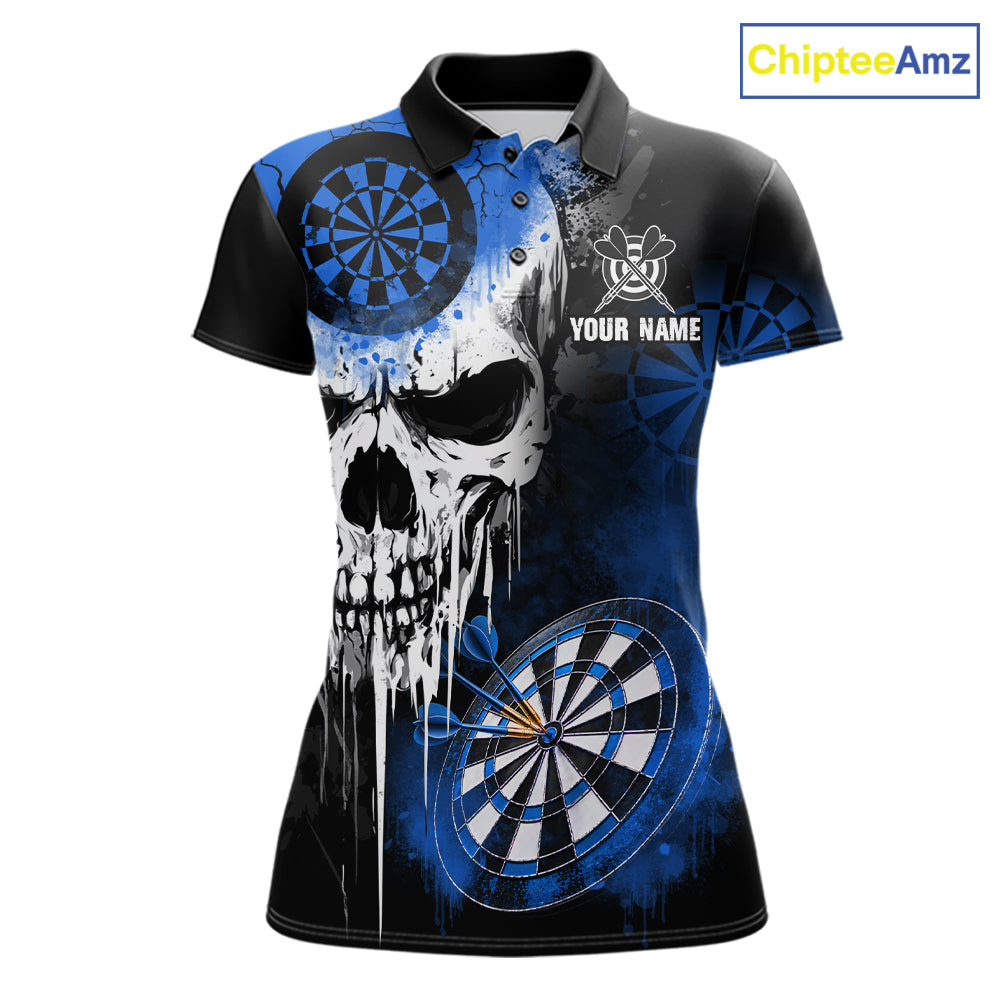 Personalized Blue Grunge Skull Darts Shirt For Women Custom Darts Jersey Team Polo & 1/4 Zip TDM6432