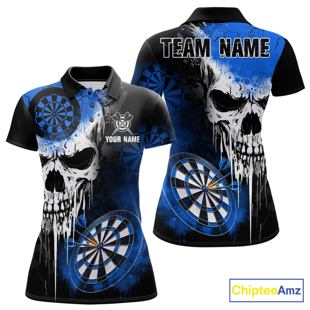 Personalized Blue Grunge Skull Darts Shirt For Women Custom Darts Jersey Team Polo & 1/4 Zip TDM6432