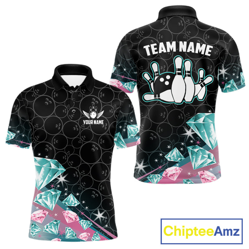 Men's bowling polo shirt with pink and turquoise diamond graphics, featuring customizable player name and team name text.