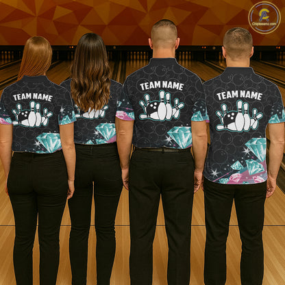 Funny Pink And Turquoise Diamonds Bowling Shirt For Women, Custom Bowling Team Jersey Polo & 1/4 Zip TDM6627