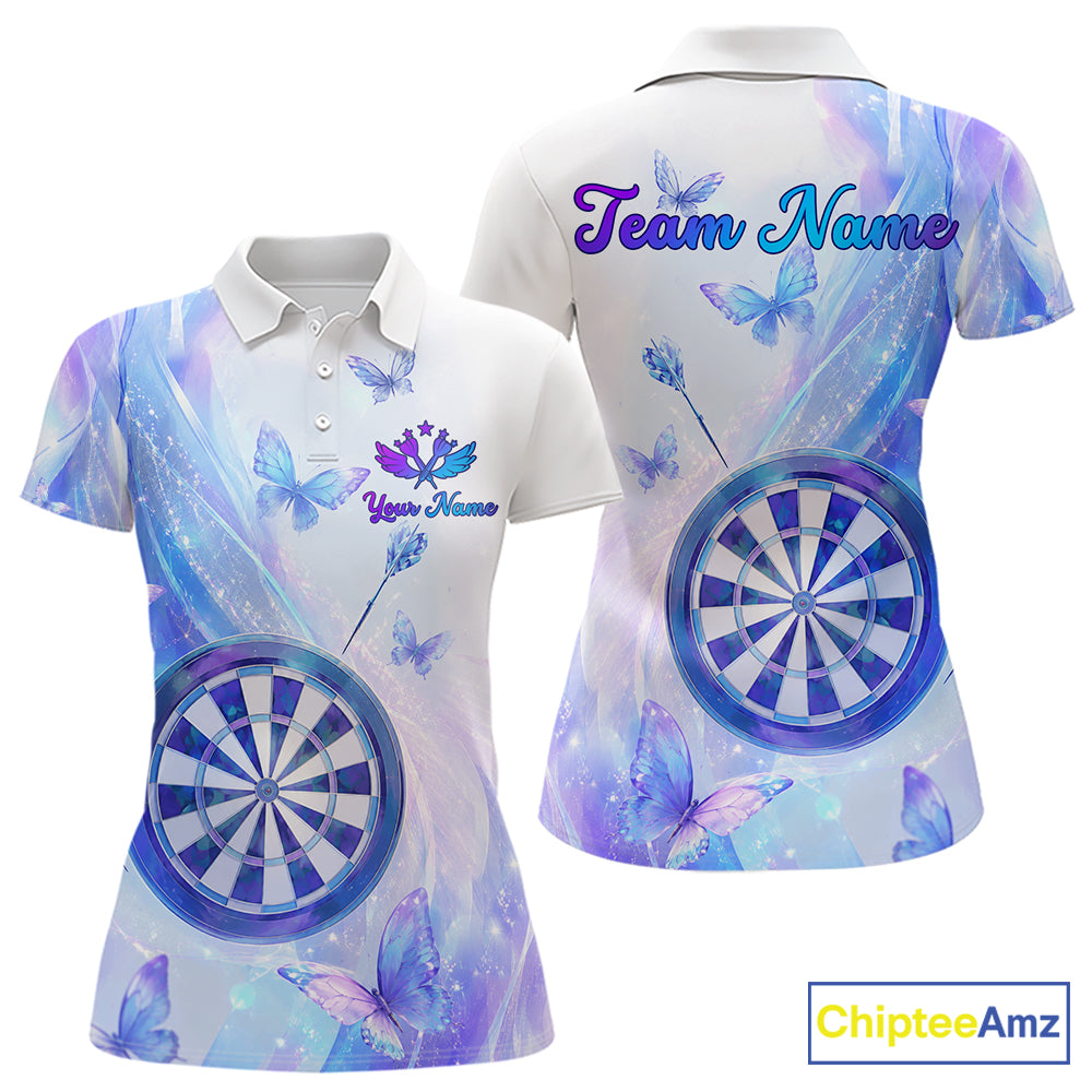 Polo shirt with butterfly and dart design on a pastel background, featuring customizable "Your Name" and "Team Name" 