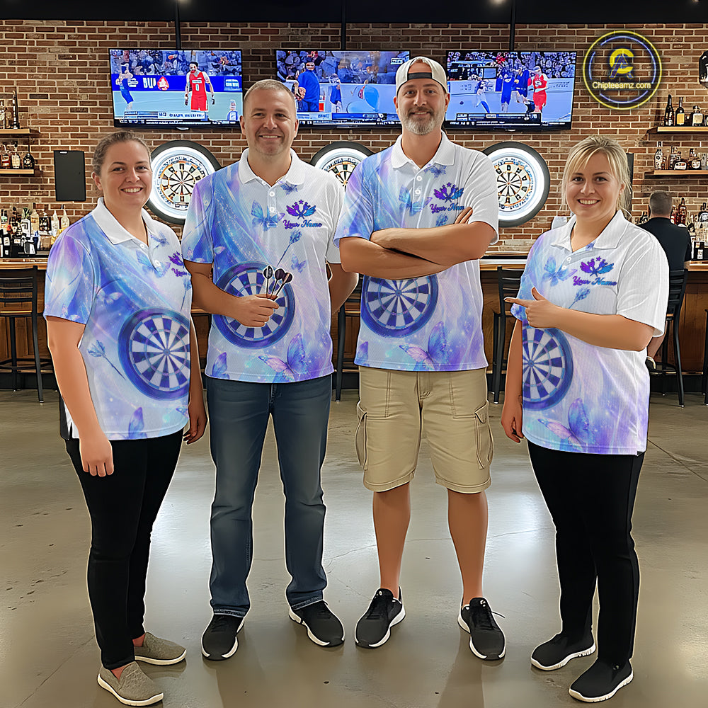 Four people in matching holographic pastel darts shirts standing in a bar with butterfly graphic 