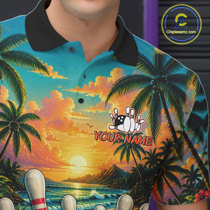 Personalized Hibiscus Summer Bowling Jersey, Ocean Scene Bowling Shirts Polo & Quarter Zip For Men TDM6635