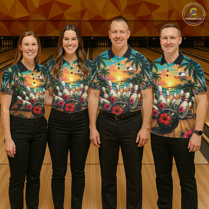 Personalized Hibiscus Summer Bowling Jersey, Ocean Scene Bowling Shirts Polo & Quarter Zip For Men TDM6635