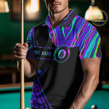 Load image into Gallery viewer, Man wearing a neon purple blue 8 ball tie dye billiard jersey front view, custom pool team shirt.