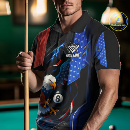 American Flag Eagle 8 Ball Billiard Polo & 1/4 Zip For Men Custom Billiard Jersey, Pool Team Shirt TDM5112
