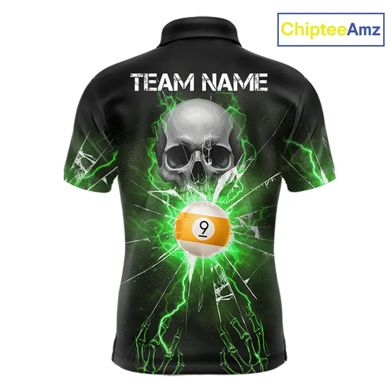 Green 8 & 9 Ball Skull Billiard Shirt For Men Custom Glass Break Pool Team Jersey Polo & 1/4 Zip TDM5972