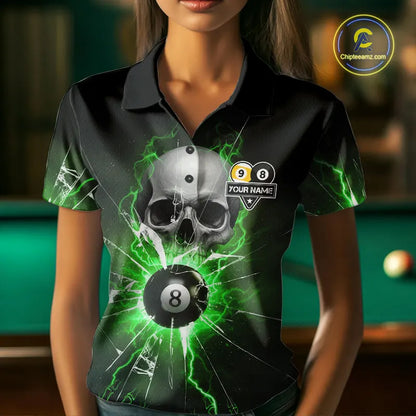 Green 8 & 9 Ball Skull Billiard Shirt For Women Custom Glass Break Pool Team Jersey Polo & 1/4 Zip TDM5972