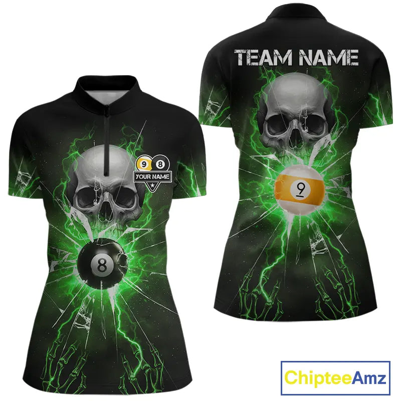 Green 8 & 9 Ball Skull Billiard Shirt For Women Custom Glass Break Pool Team Jersey Polo & 1/4 Zip TDM5972