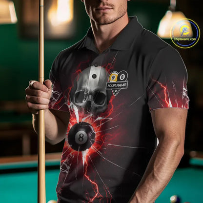 Red 8 Ball & 9 Ball Skull Billiard Shirt For Men Custom Glass Break Pool Team Jersey Polo, 1/4 Zip TDM5973