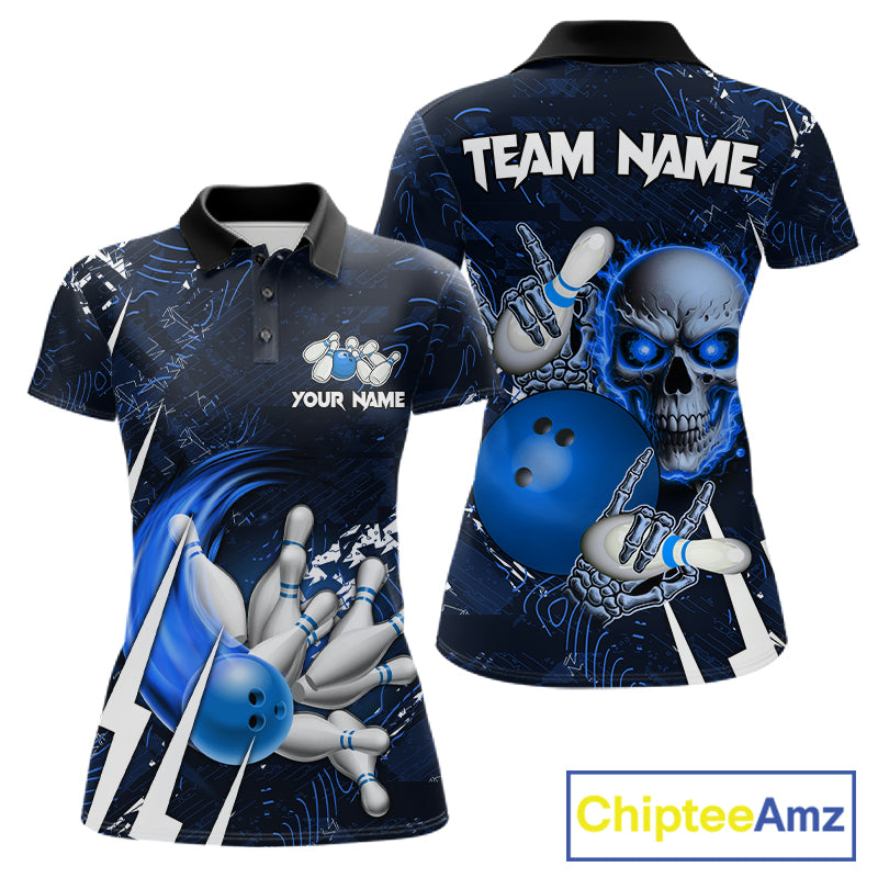 Personalized Skull Bowling Jersey For Women Custom Bowling Team Shirt Polo & Quarter Zip | Blue TDM6206