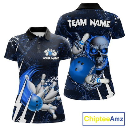 Personalized Skull Bowling Jersey For Women Custom Bowling Team Shirt Polo & Quarter Zip | Blue TDM6206