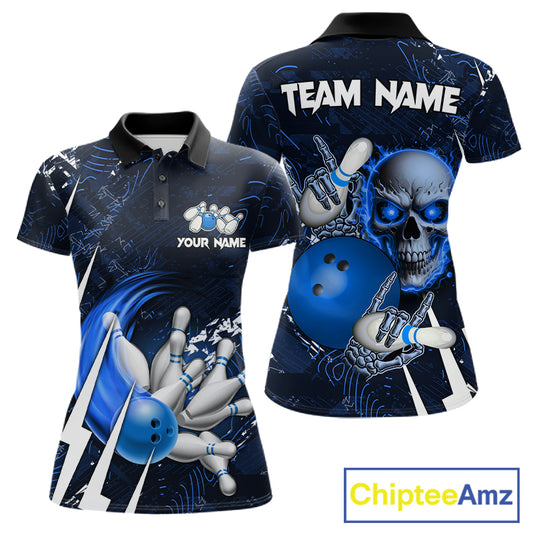 Personalized Skull Bowling Jersey For Women Custom Bowling Team Shirt Polo & Quarter Zip | Blue TDM6206
