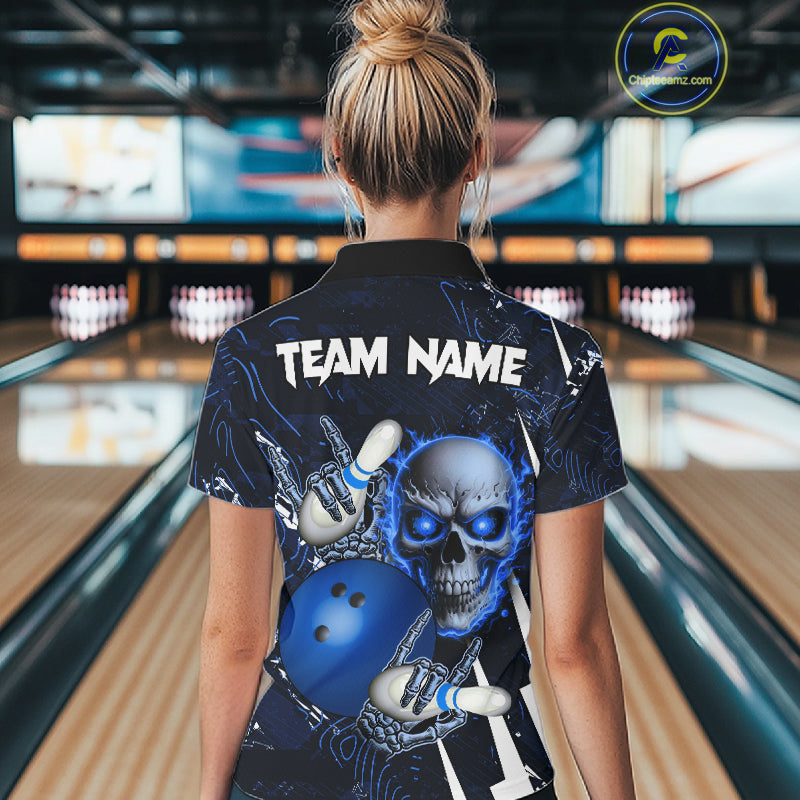 Personalized Skull Bowling Jersey For Women Custom Bowling Team Shirt Polo & Quarter Zip | Blue TDM6206