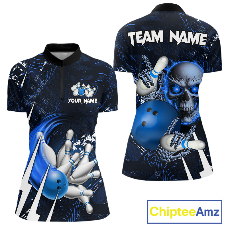 Personalized Skull Bowling Jersey For Women Custom Bowling Team Shirt Polo & Quarter Zip | Blue TDM6206