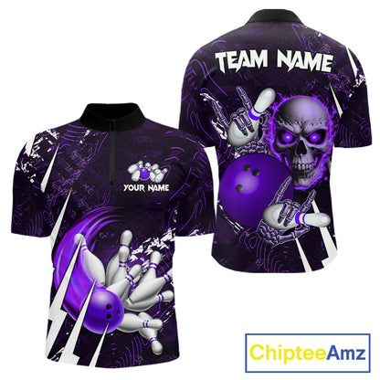 Personalized Skull Bowling Jersey For Men Custom Bowling Team Shirt Polo & Quarter Zip | Purple TDM6207