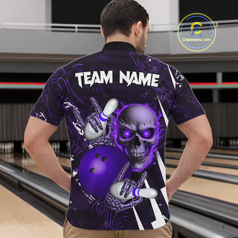Personalized Skull Bowling Jersey For Men Custom Bowling Team Shirt Polo & Quarter Zip | Purple TDM6207