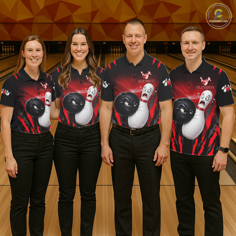 Funny Bowling Ball Custom Black And Red Bowling Shirt For Women, Bowling Team Jersey Polo & 1/4 Zip TDM6210