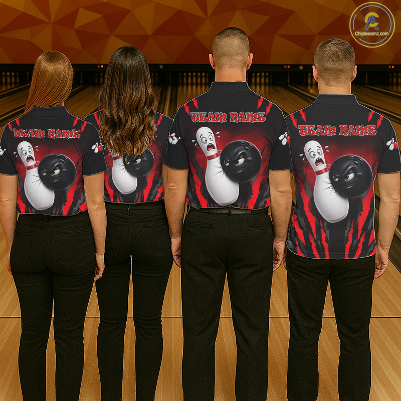Funny Bowling Ball Custom Black And Red Bowling Shirt For Women, Bowling Team Jersey Polo & 1/4 Zip TDM6210
