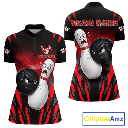 Funny Bowling Ball Custom Black And Red Bowling Shirt For Women, Bowling Team Jersey Polo & 1/4 Zip TDM6210