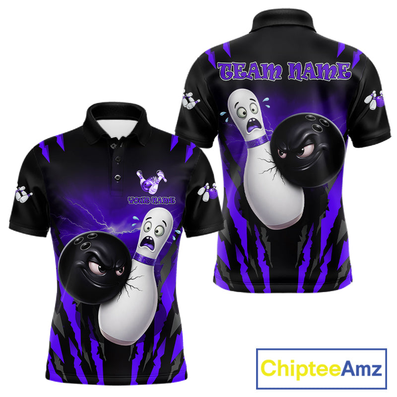 Funny Bowling Ball Custom Black And Purple Men’s Bowling Shirt, Bowling Team Jersey Polo & 1/4 Zip TDM6212