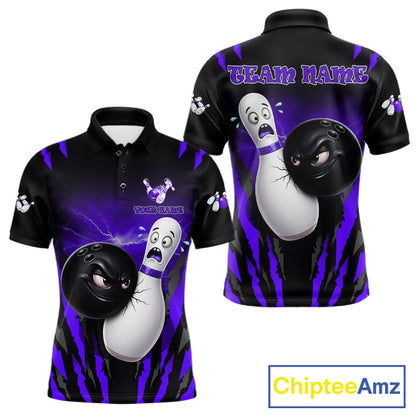 Funny Bowling Ball Custom Black And Purple Men’s Bowling Shirt, Bowling Team Jersey Polo & 1/4 Zip TDM6212