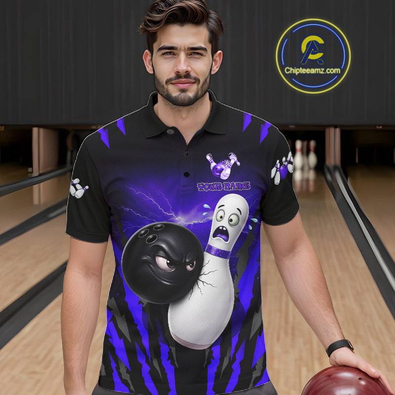 Funny Bowling Ball Custom Black And Purple Men’s Bowling Shirt, Bowling Team Jersey Polo & 1/4 Zip TDM6212