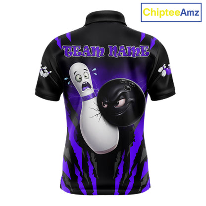 Funny Bowling Ball Custom Black And Purple Men’s Bowling Shirt, Bowling Team Jersey Polo & 1/4 Zip TDM6212