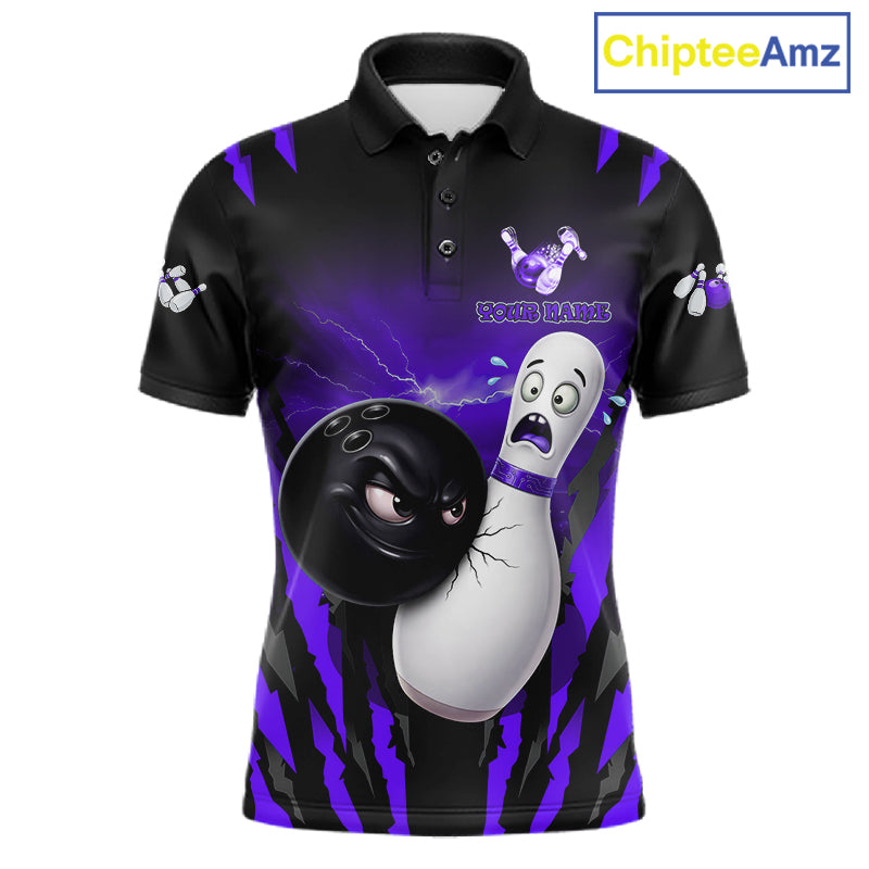 Funny Bowling Ball Custom Black And Purple Men’s Bowling Shirt, Bowling Team Jersey Polo & 1/4 Zip TDM6212