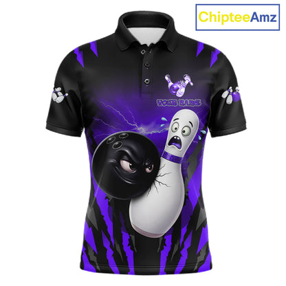 Funny Bowling Ball Custom Black And Purple Men’s Bowling Shirt, Bowling Team Jersey Polo & 1/4 Zip TDM6212