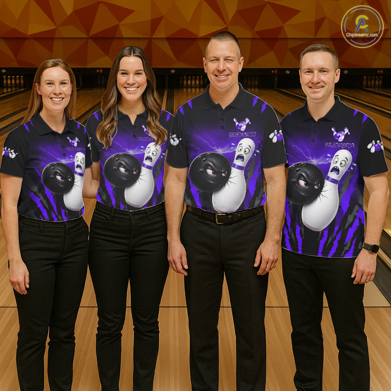 Funny Bowling Ball Custom Black And Purple Women's Bowling Shirt, Bowling Team Jersey Polo & 1/4 Zip TDM6212