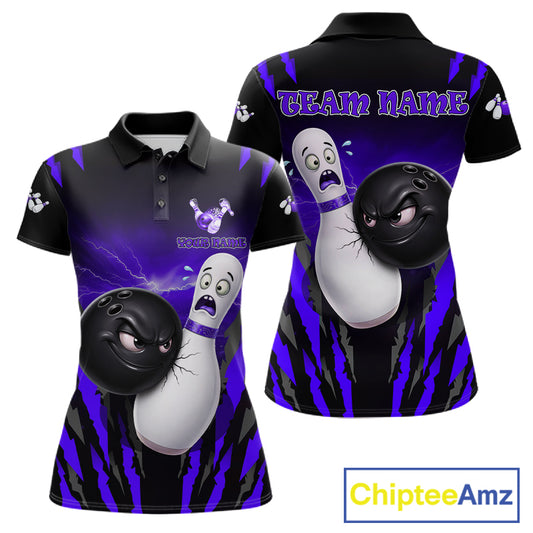Funny Bowling Ball Custom Black And Purple Women's Bowling Shirt, Bowling Team Jersey Polo & 1/4 Zip TDM6212