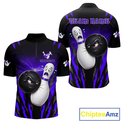 Funny Bowling Ball Custom Black And Purple Men’s Bowling Shirt, Bowling Team Jersey Polo & 1/4 Zip TDM6212