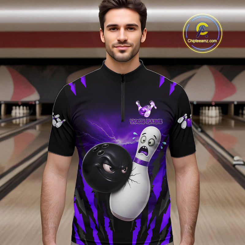 Funny Bowling Ball Custom Black And Purple Men’s Bowling Shirt, Bowling Team Jersey Polo & 1/4 Zip TDM6212