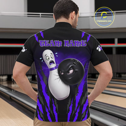 Funny Bowling Ball Custom Black And Purple Men’s Bowling Shirt, Bowling Team Jersey Polo & 1/4 Zip TDM6212