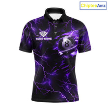 Load image into Gallery viewer, Custom purple thunder lightning pool jersey for men with bold 8 ball billiard graphics.