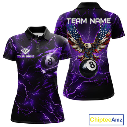 Women’s purple thunder lightning billiard polo shirt with American flag artwork for pool league players.