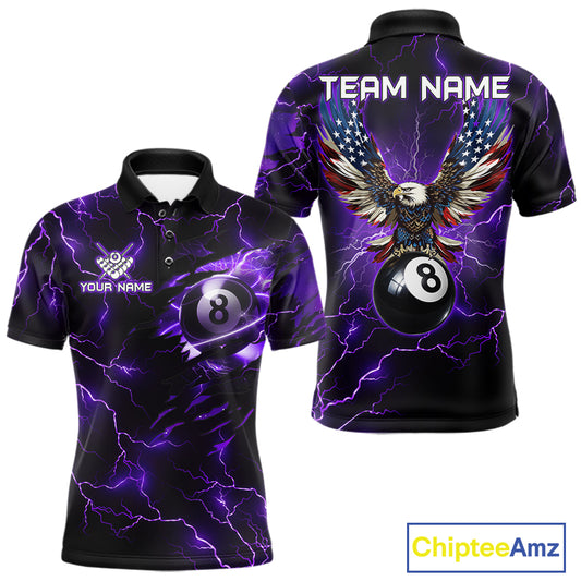 Men’s purple thunder lightning billiard polo shirt with American flag artwork for pool league players.
