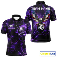 Load image into Gallery viewer, Men’s purple thunder lightning billiard polo shirt with American flag artwork for pool league players.