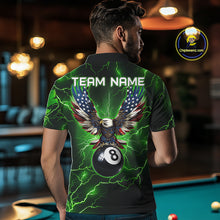 Load image into Gallery viewer, Back view of man wearing a green thunder lightning pool team shirt in a billiards hall.