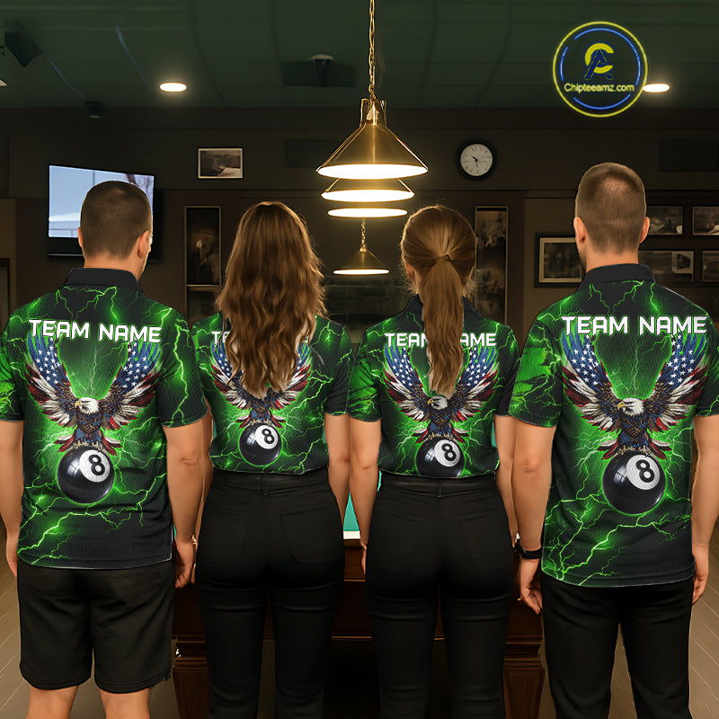 Back view of pool players wearing custom green thunder billiard shirts in a game room