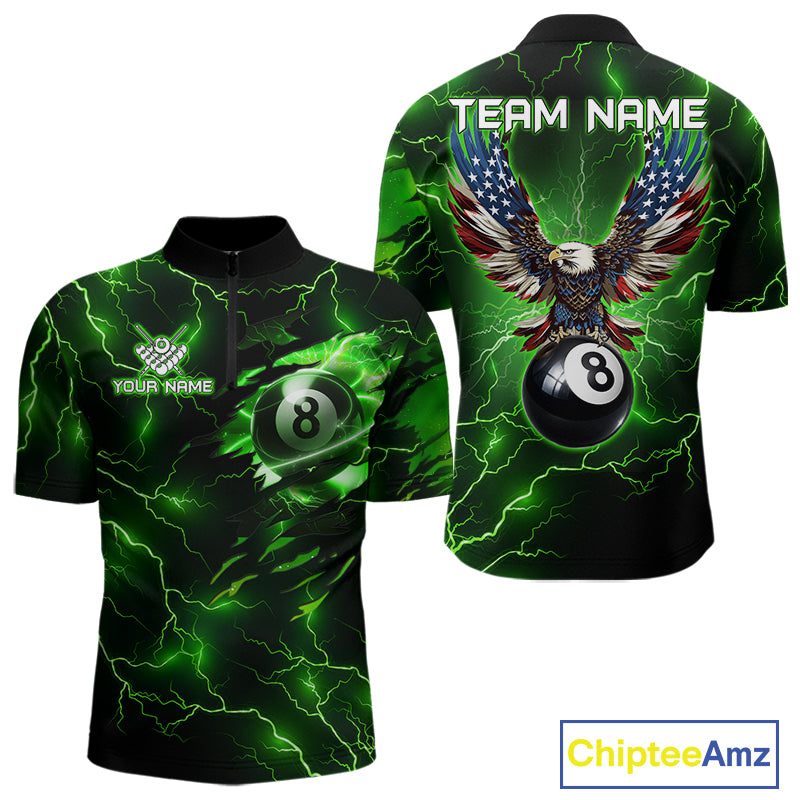 Men’s green thunder lightning billiard quarter zip shirt with patriotic 8 ball artwork.