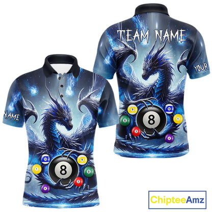 Custom blue dragon pool jersey for men featuring detailed 8 ball billiard artwork.