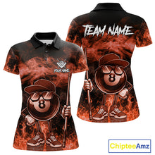 Load image into Gallery viewer, Orange 8 ball flame smoke custom billiard polo shirt for women with bold fire graphics.