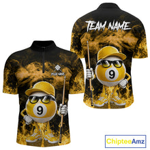 Load image into Gallery viewer, Yellow 9 ball flame smoke quarter zip billiard shirt for men, custom pool team jersey.
