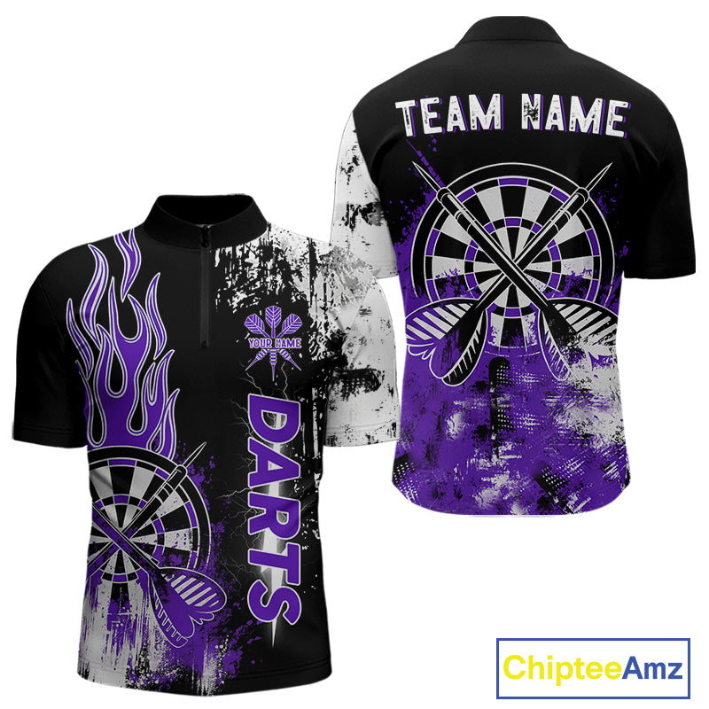 Personalized Purple Grunge Mens Dart Shirts Custom Dart Jerseys Team Polo & 1/4 Zip, Darts Uniform TDM5120